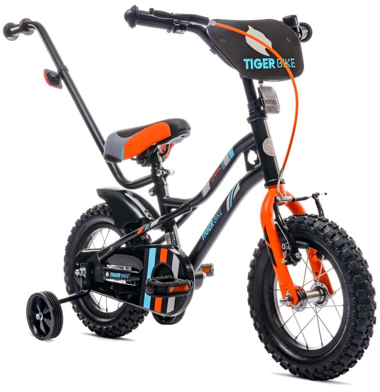 12-Zoll-Jungenfahrrad, Schieber, Seitenräder, Korb, Tiger Bike, schwarz, orange, türkis