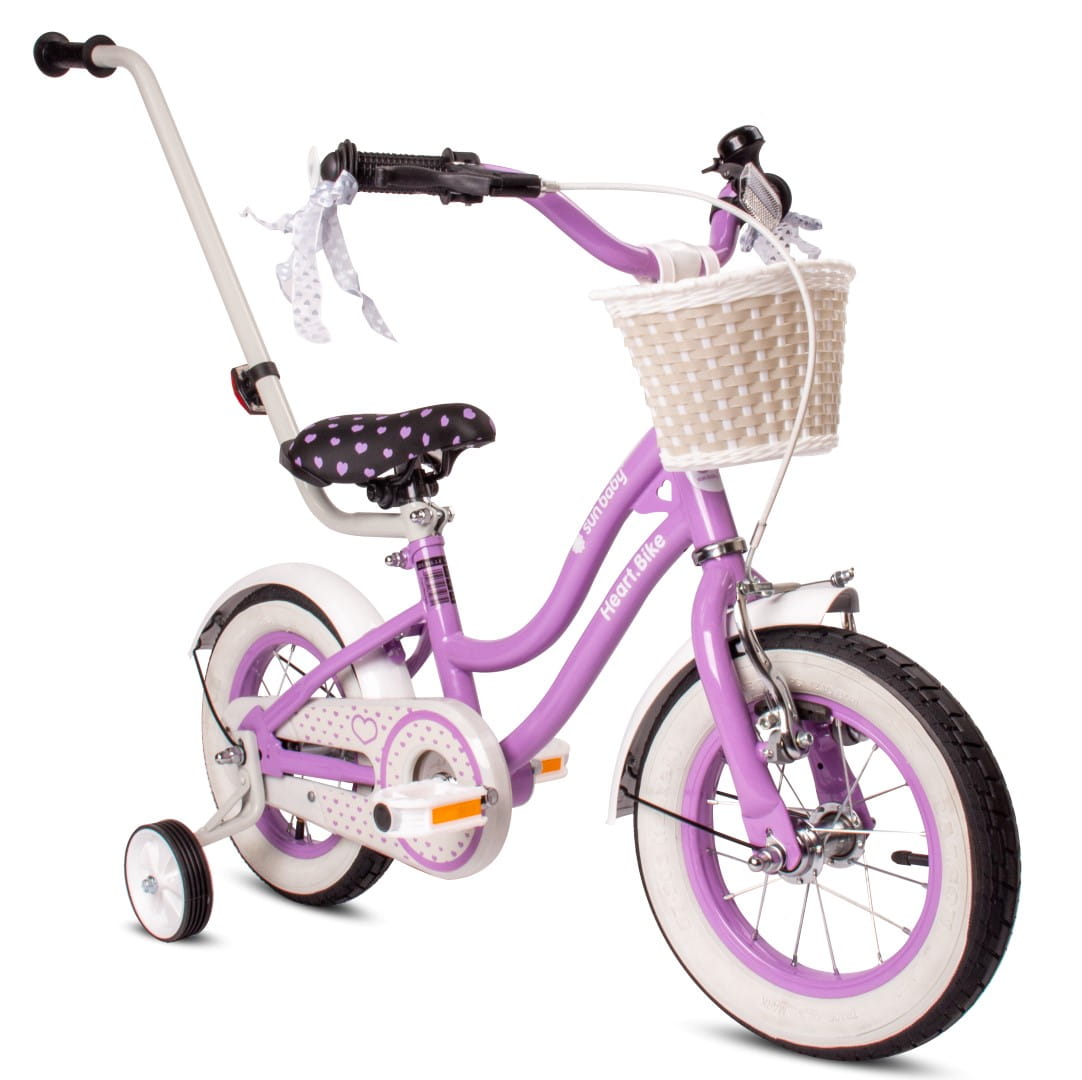 kinderfahrrad mit korb Kinderfahrrad für Mädchen, 12 Zoll, Korb, Führungsschienen, Seitenräder, Herz-Fahrrad, lila, Sonne, Baby
