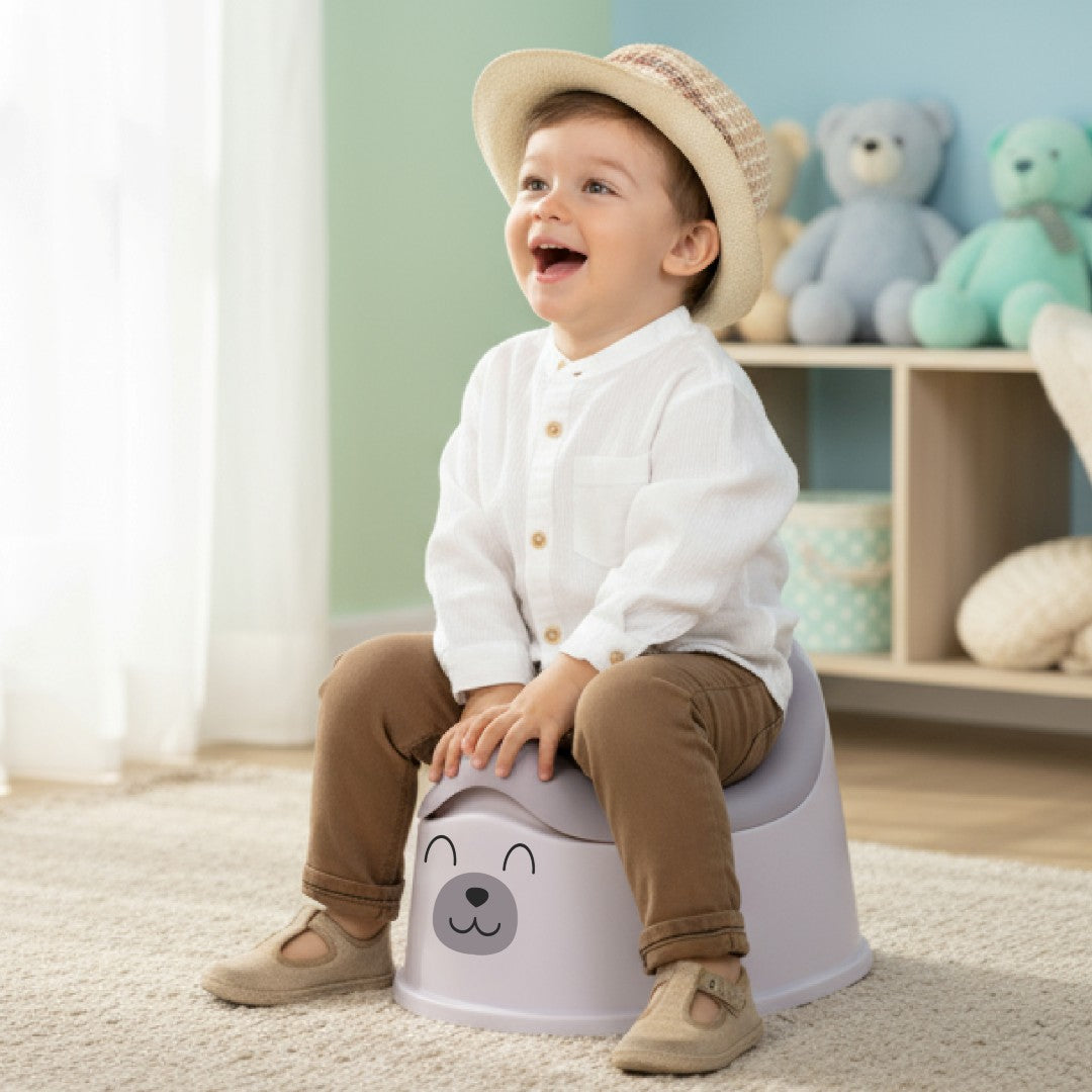 Nocnik dla dzieci antypoślizgowy z wyjmowanym wkładem Stabilny naklejki Miś szary biały Sun Baby