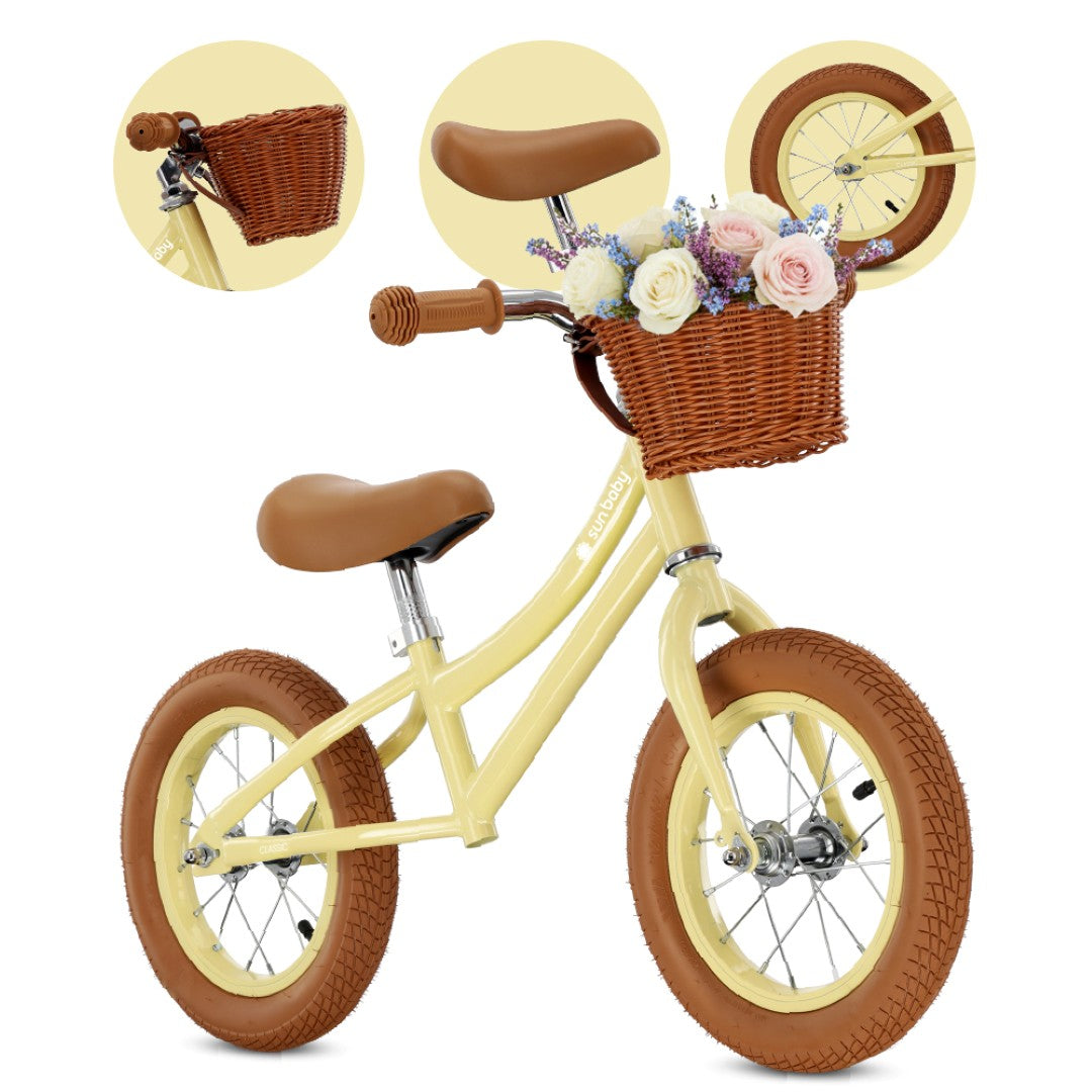 Laufrad für Kinder, Fahrradkorb, Licht, Retro-Luftreifen, klassisches Buttergelb