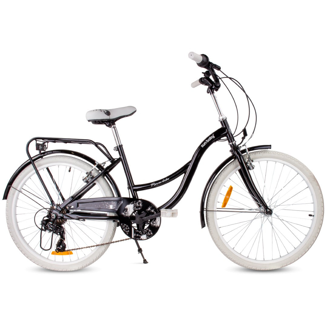 24-Zoll-Mädchenfahrrad, Stadtrad für die Kommunion, Shimano 7-Gang-Schaltung, Flower Bike, schwarz, Sun Baby