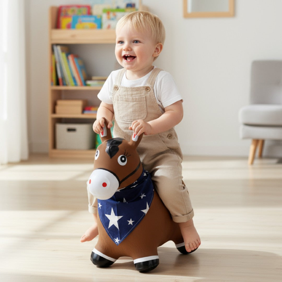 Skoczek dla dzieci do skakania z pompką Konik brązowy z bandaną Sun Baby