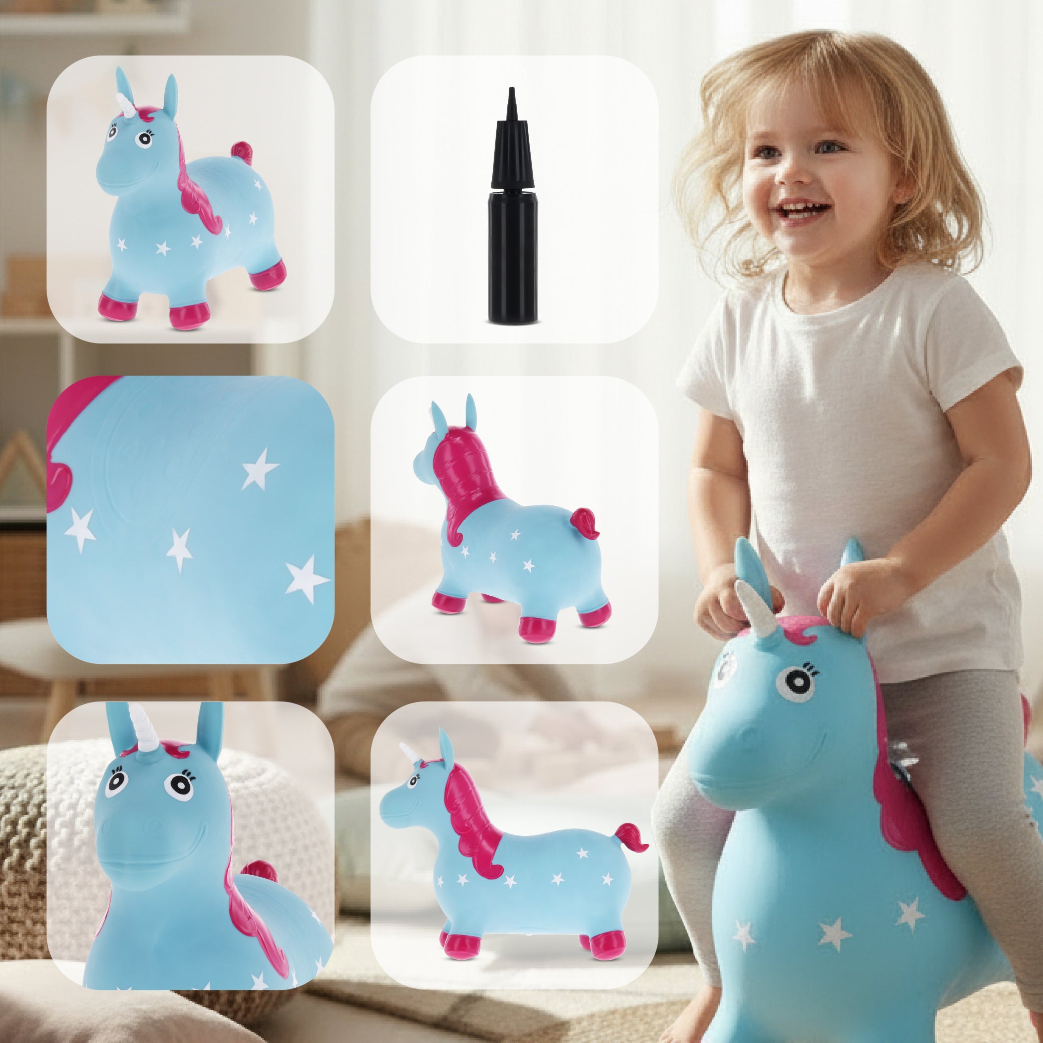 Skoczek dla dzieci do skakania z pompką Jednorożec niebiesko różowy