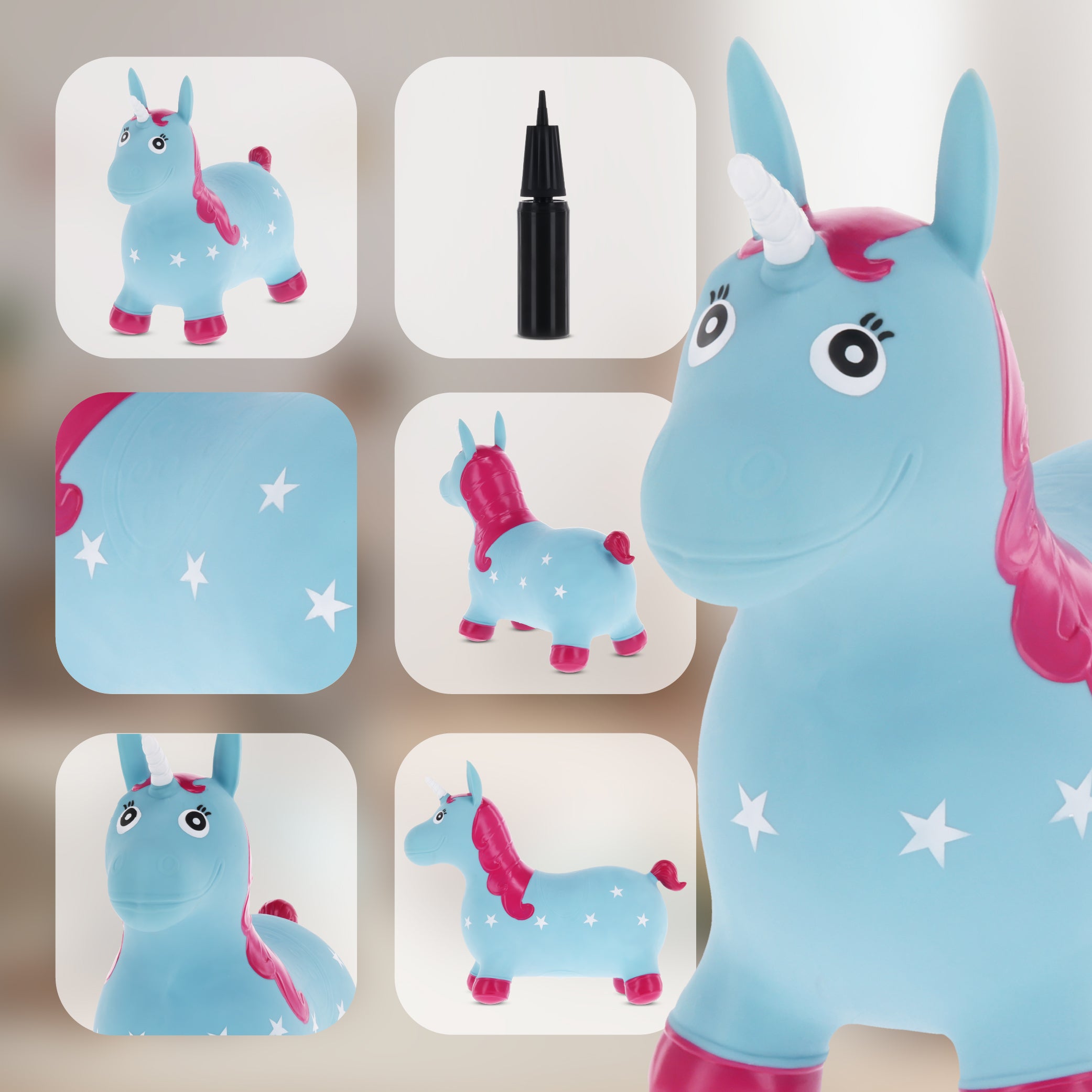 Skoczek dla dzieci do skakania z pompką Jednorożec niebiesko różowy