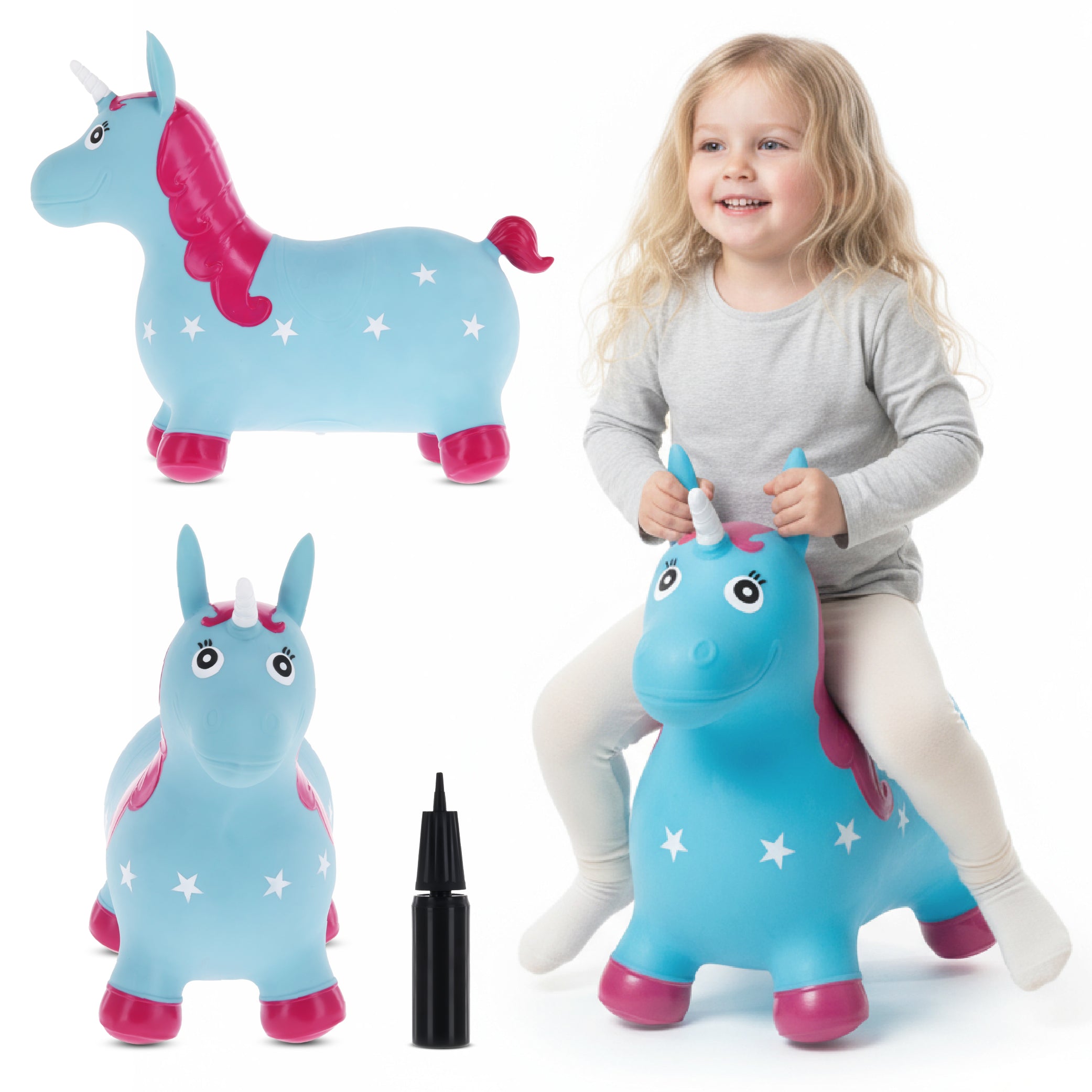 Skoczek dla dzieci do skakania z pompką Jednorożec niebiesko różowy
