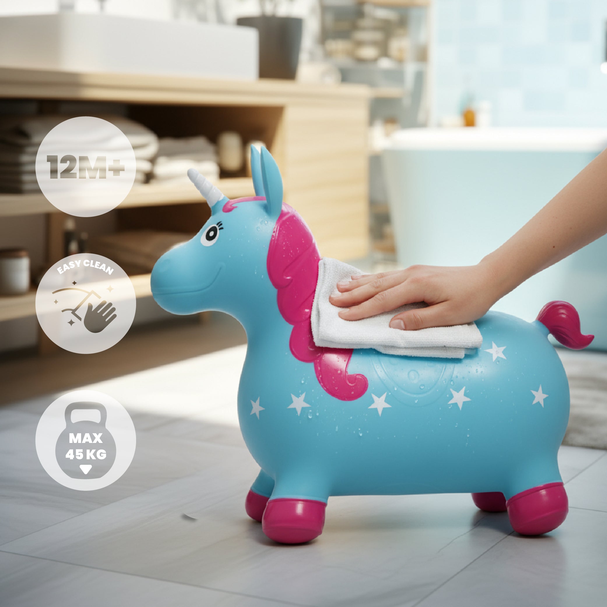 Skoczek dla dzieci do skakania z pompką Jednorożec niebiesko różowy