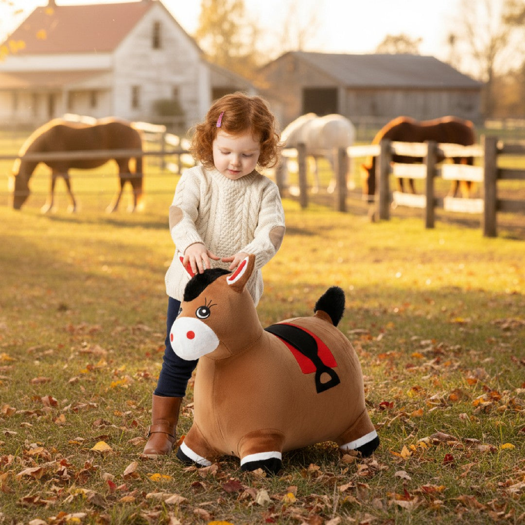 Skoczek pluszowy dla dzieci do skakania Konik brązowy z pompką