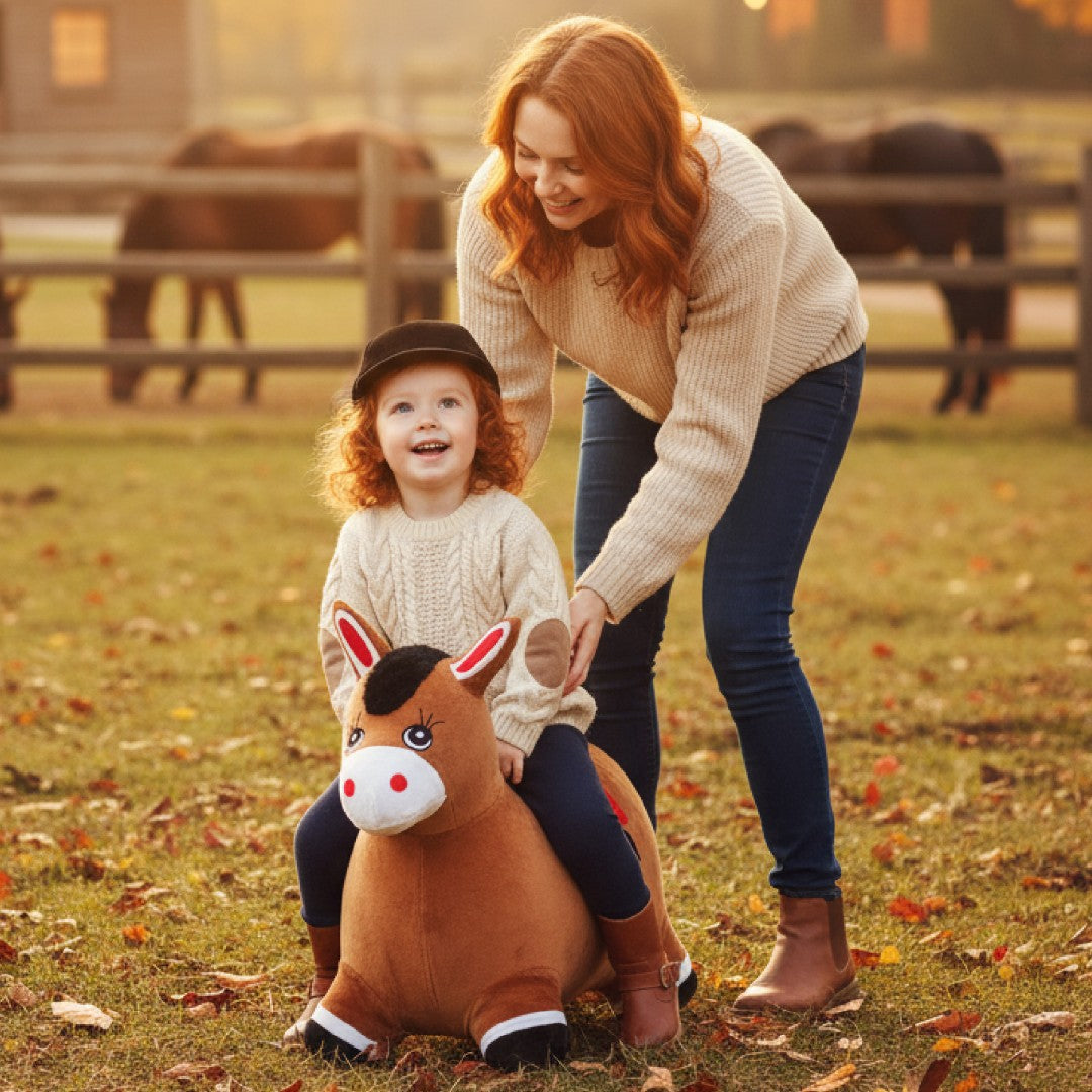 Skoczek pluszowy dla dzieci do skakania Konik brązowy z pompką