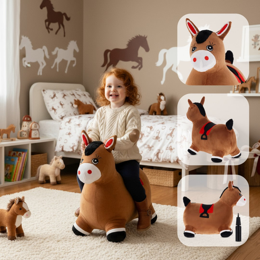 Skoczek pluszowy dla dzieci do skakania Konik brązowy z pompką