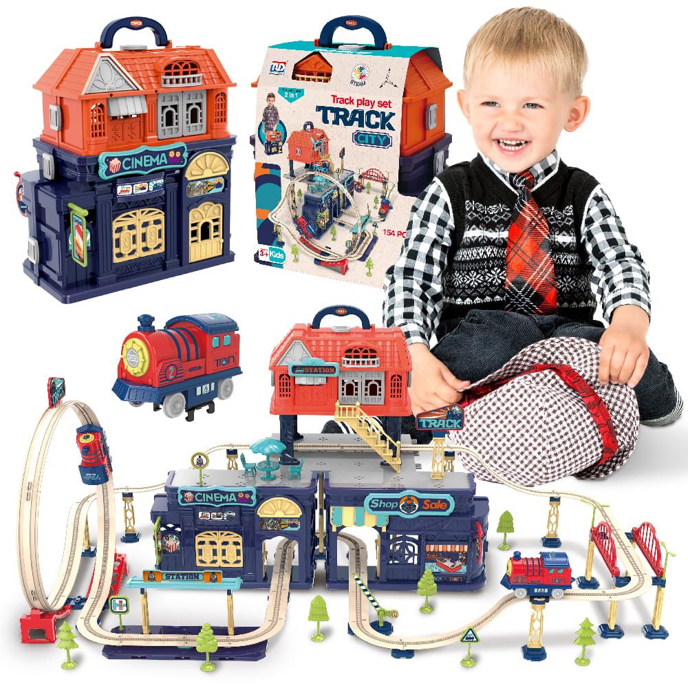 Kolejka elektryczna dla dzieci 2w1 składana w walizce 154 el Tory kolejowe Pociąg Lokomotywa Kolejka Naklejki Zestaw Sun Baby