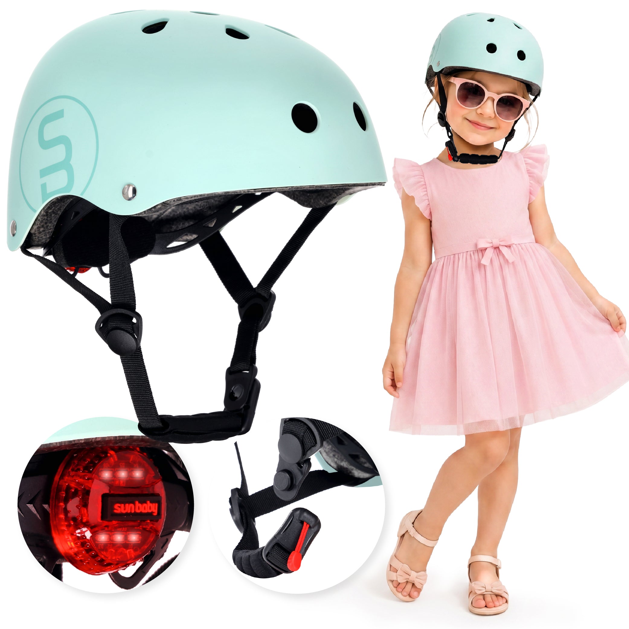 Sun Baby kask rowerowy dziecięcy Perfect Fit S 50-54 cm, LED 3 tryby, zapięcie magnetyczne, osłona podbródka, miętowy II gatunek