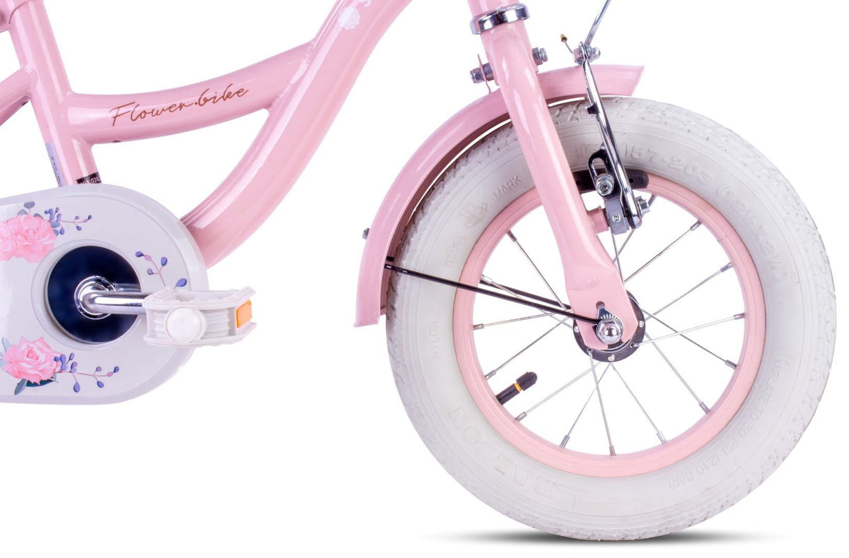 Rower dziecięcy Rower dla dziewczynki 12 cali Koszyk Prowadnik Kółka boczne Flower Bike różowy II gatunek