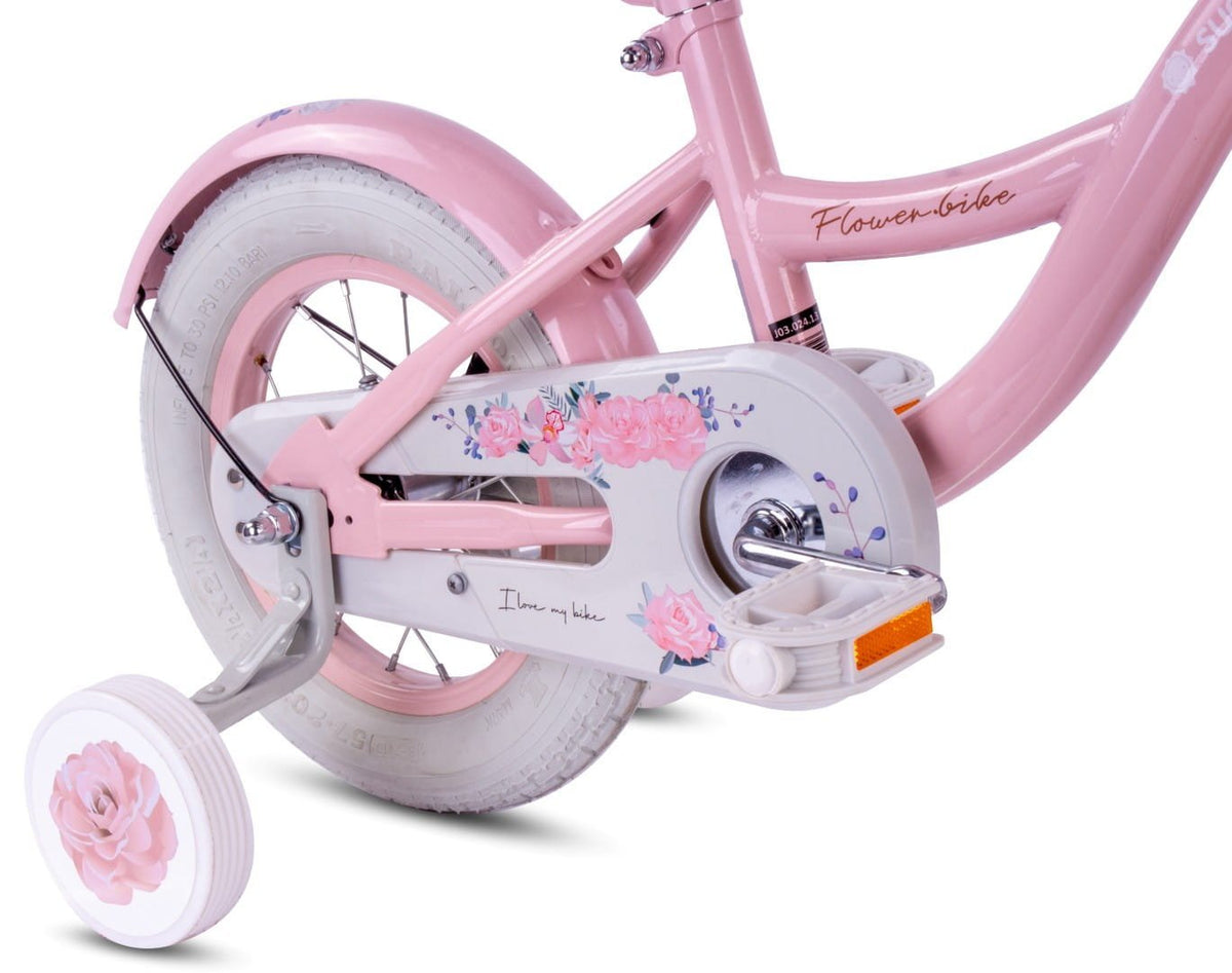 Rower dziecięcy Rower dla dziewczynki 12 cali Koszyk Prowadnik Kółka boczne Flower Bike różowy II gatunek