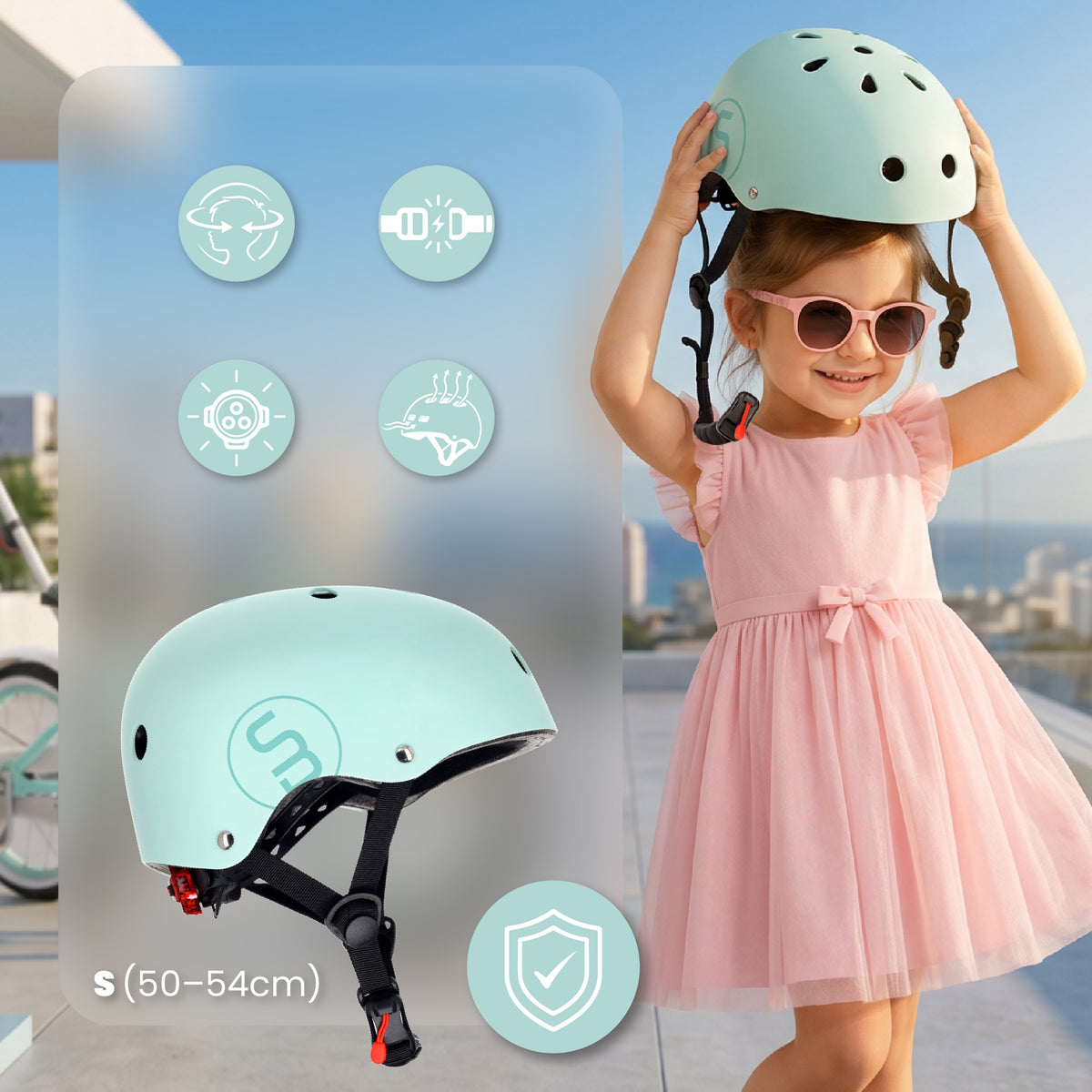 Sun Baby kask rowerowy dziecięcy Perfect Fit S 50-54 cm, LED 3 tryby, zapięcie magnetyczne, osłona podbródka, miętowy II gatunek
