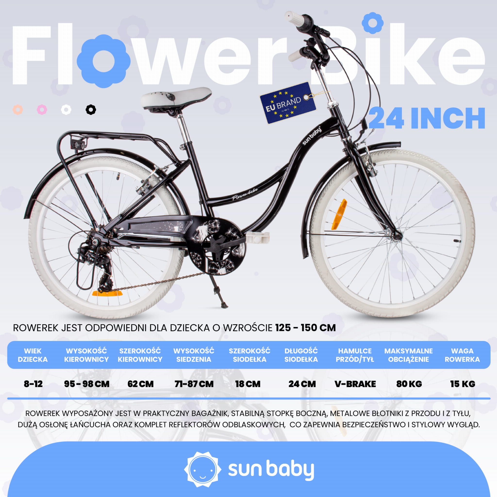 24-Zoll-Mädchenfahrrad, Stadtrad für die Kommunion, Shimano 7-Gang-Schaltung, Flower Bike, schwarz, Sun Baby