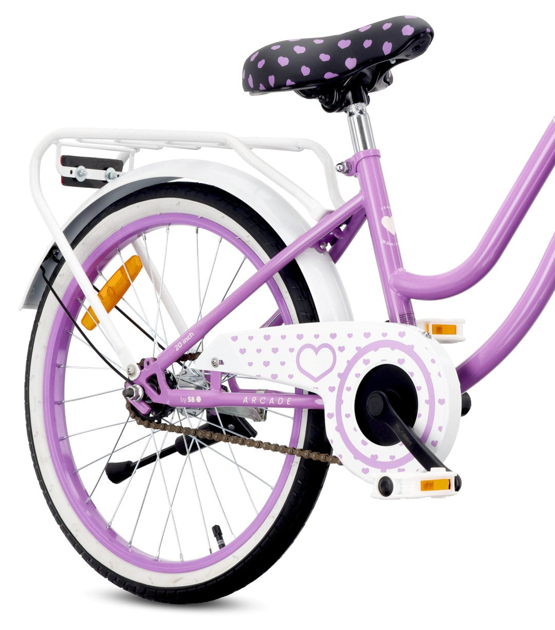Rower 20 cali dziecięcy dla dziewczynki 5 6 7 8 lat Bagażnik Stopka Dzwonek Heart Bike fioletowy II gatunek