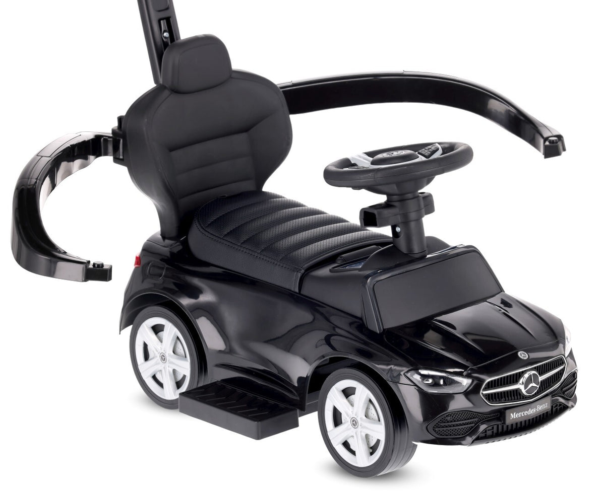 Sun Baby jeździk Mercedes C-Class z popychaczem, podnóżkiem i barierką, siedzisko ze skóry PU, czarny