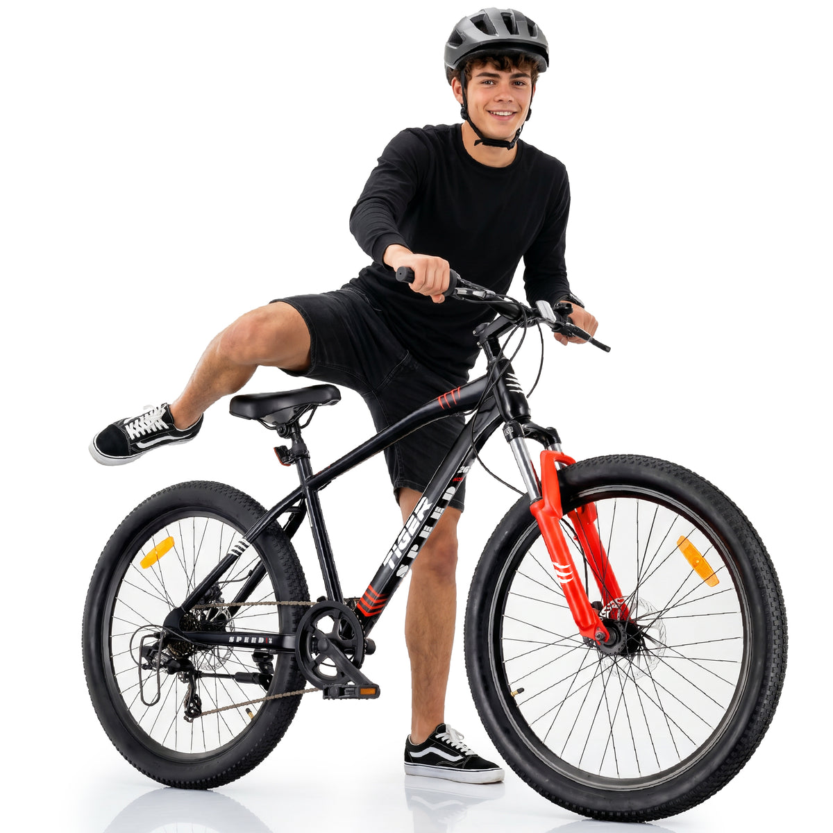 Rower dziecięcy Tiger Bike 26 cali, 21 biegów Shimano, amortyzator, hamulce tarczowe, czarno-czerwony II gatunek