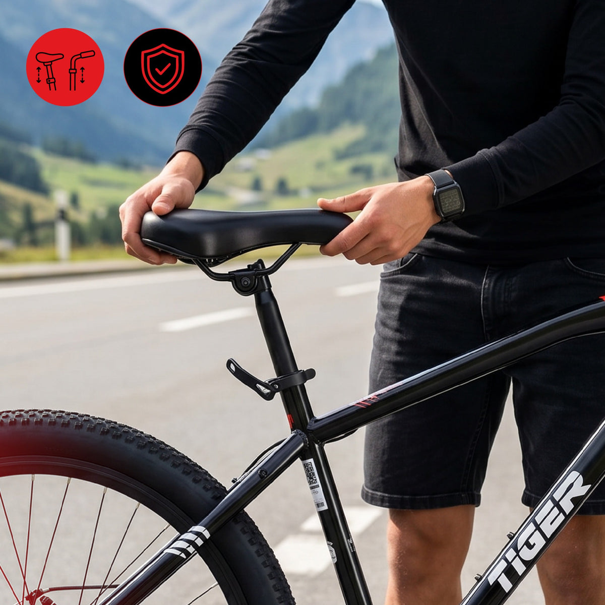 Rower górski MTB 26 cali Tiger Bike Shimano 7 biegów Amortyzator Szerokie opony Hamulce tarczowe Rower terenowy czarny-czerwony II gatunek