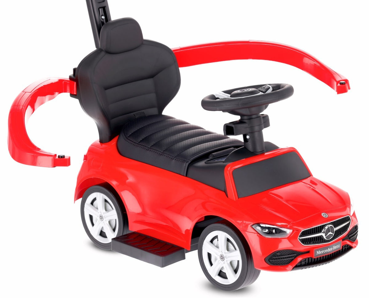 Sun Baby jeździk Mercedes C-Class z popychaczem, barierką i podnóżkami, koła PU, siedzisko ze skóry PU, czerwony