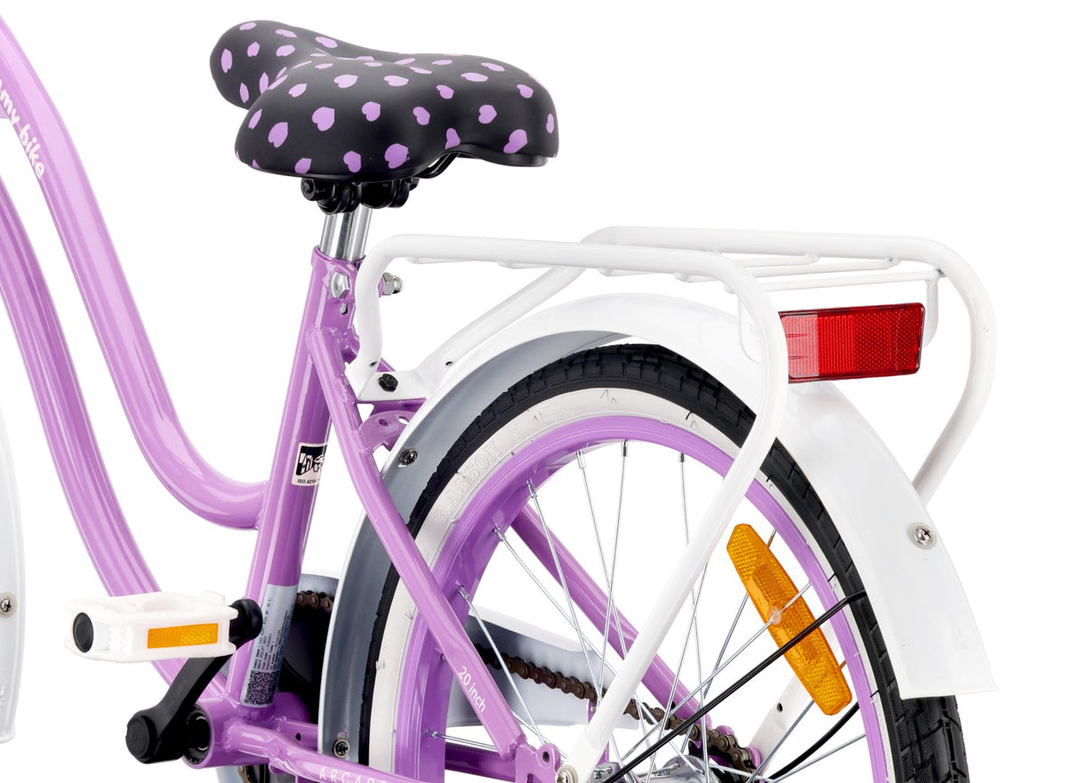 Rower 20 cali dziecięcy dla dziewczynki 5 6 7 8 lat Bagażnik Stopka Dzwonek Heart Bike fioletowy II gatunek