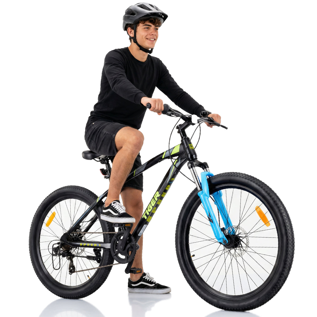 Rower dziecięcy Tiger Bike 26 cali, 7 biegów Shimano, amortyzator, hamulce tarczowe, czarny zielony niebieski II gatunek