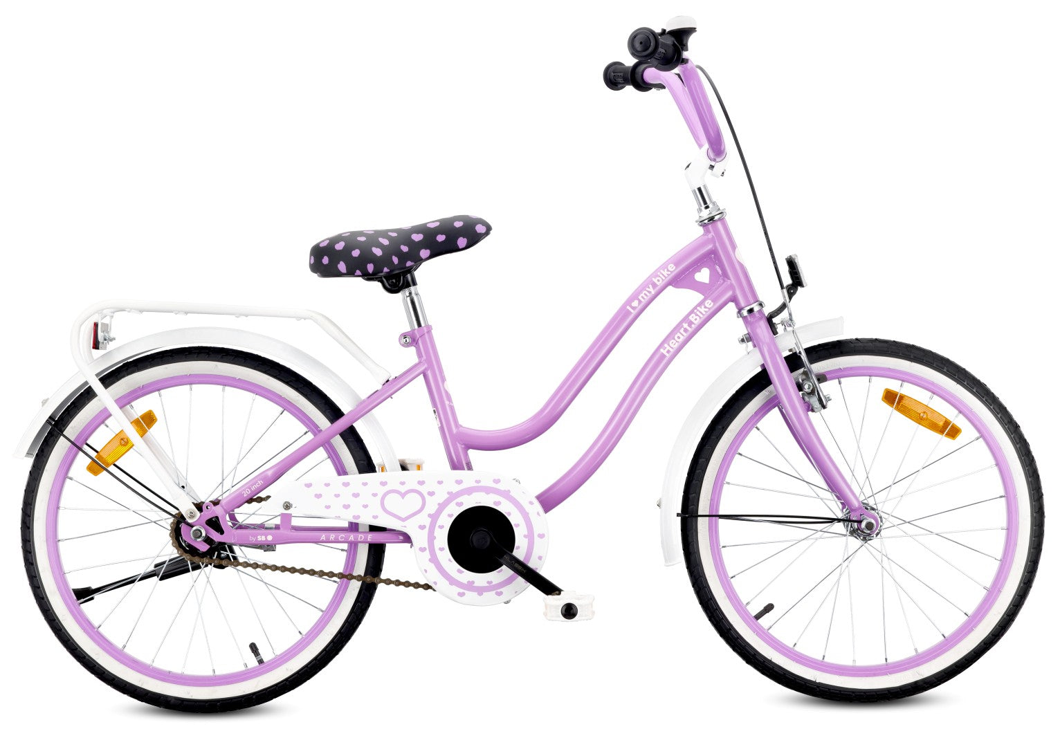 Rower 20 cali dziecięcy dla dziewczynki 5 6 7 8 lat Bagażnik Stopka Dzwonek Heart Bike fioletowy II gatunek