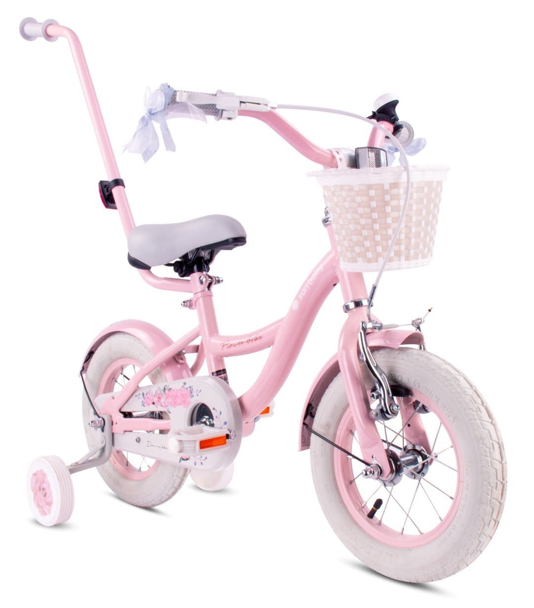 Rower dziecięcy Rower dla dziewczynki 12 cali Koszyk Prowadnik Kółka boczne Flower Bike różowy II gatunek