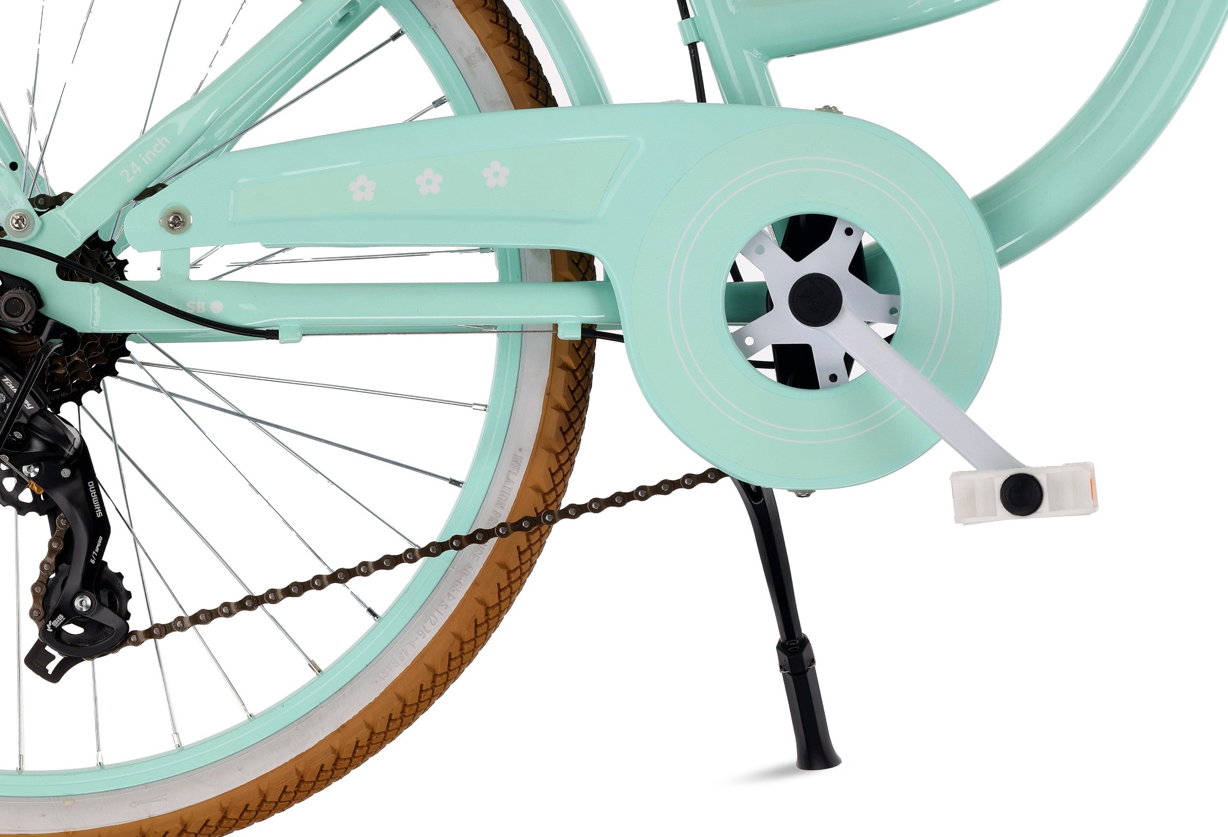 Rower 24 cale dla dziewczynki miejski na komunię Bagażnik Stopka Shimano 7 biegów Flower Retro bike miętowy