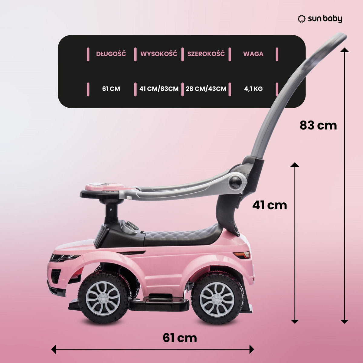 Jeździk dla dziecka z rączką i obejmą Sport car jasny różowy II gatunek