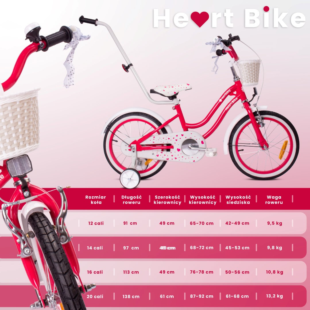 16-Zoll-Kinderfahrrad für Mädchen mit Schiebekorb und Seitenrädern, 4-6 Jahre, Heart Bike Himbeere, Sun Baby II Klasse