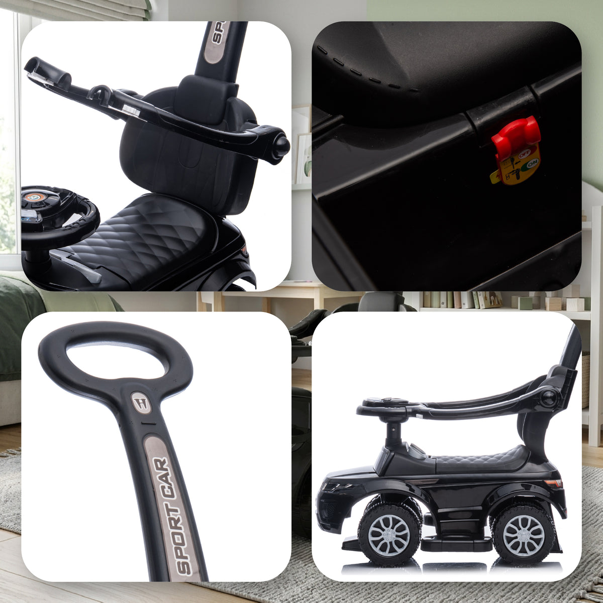 Sun Baby jeździk Sport Car, czarny, 24 m+, udźwig 27 kg, z rączką, pałąkiem i podnóżkami II gatunek