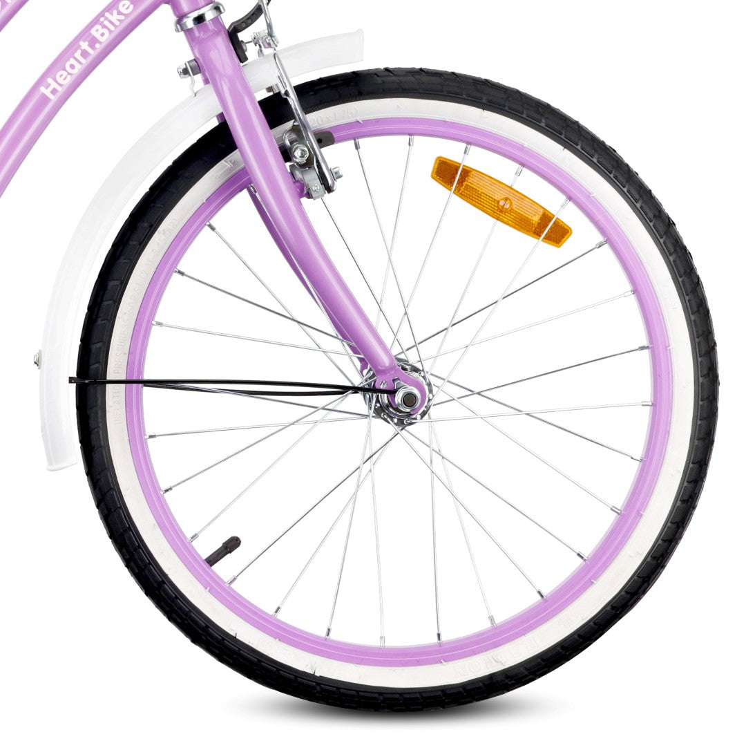 Rower 20 cali dziecięcy dla dziewczynki 5 6 7 8 lat Bagażnik Stopka Dzwonek Heart Bike fioletowy II gatunek