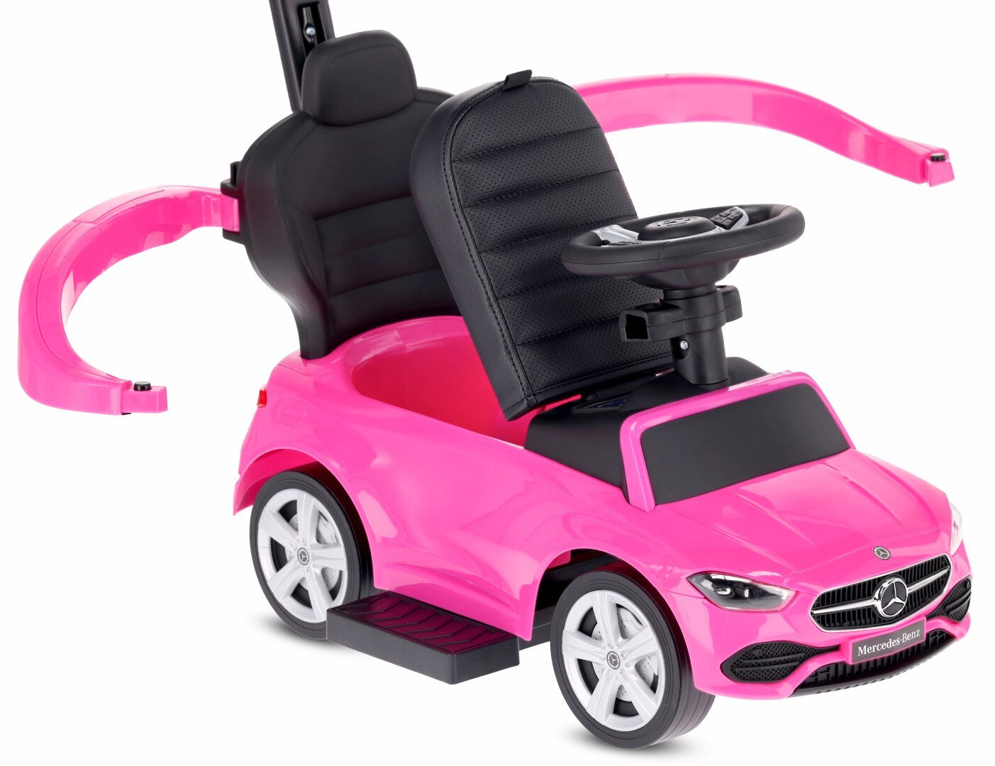 Sun Baby jeździk Mercedes C-Class z popychaczem, barierką i podnóżkami, koła PU, siedzisko ze skóry PU, różowy