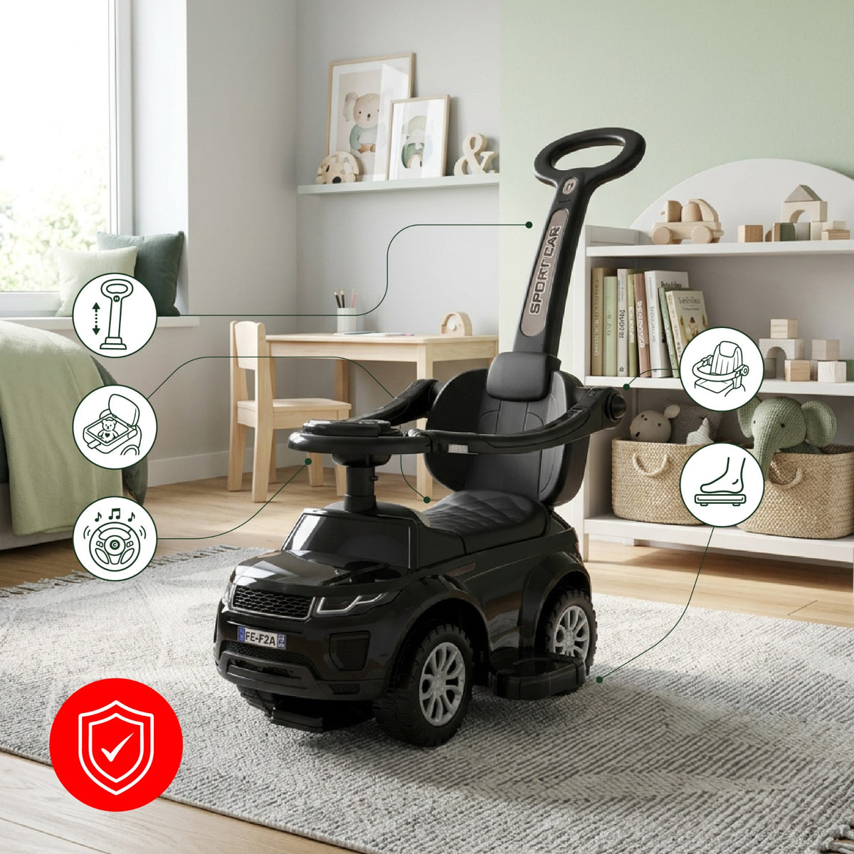 Sun Baby jeździk Sport Car, czarny, 24 m+, udźwig 27 kg, z rączką, pałąkiem i podnóżkami II gatunek