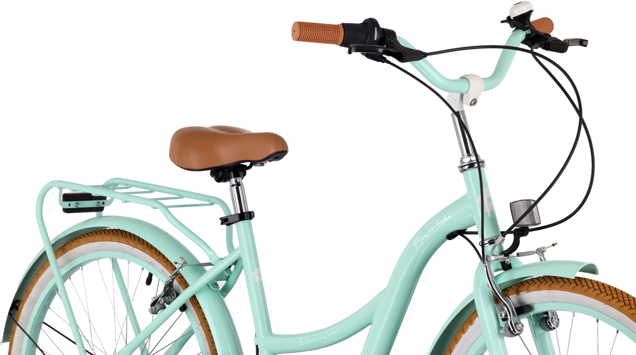 Rower 24 cale dla dziewczynki miejski na komunię Bagażnik Stopka Shimano 7 biegów Flower Retro bike miętowy