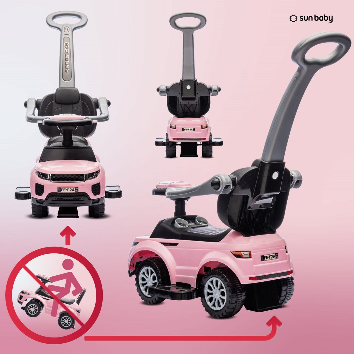 Jeździk dla dziecka z rączką i obejmą Sport car jasny różowy II gatunek