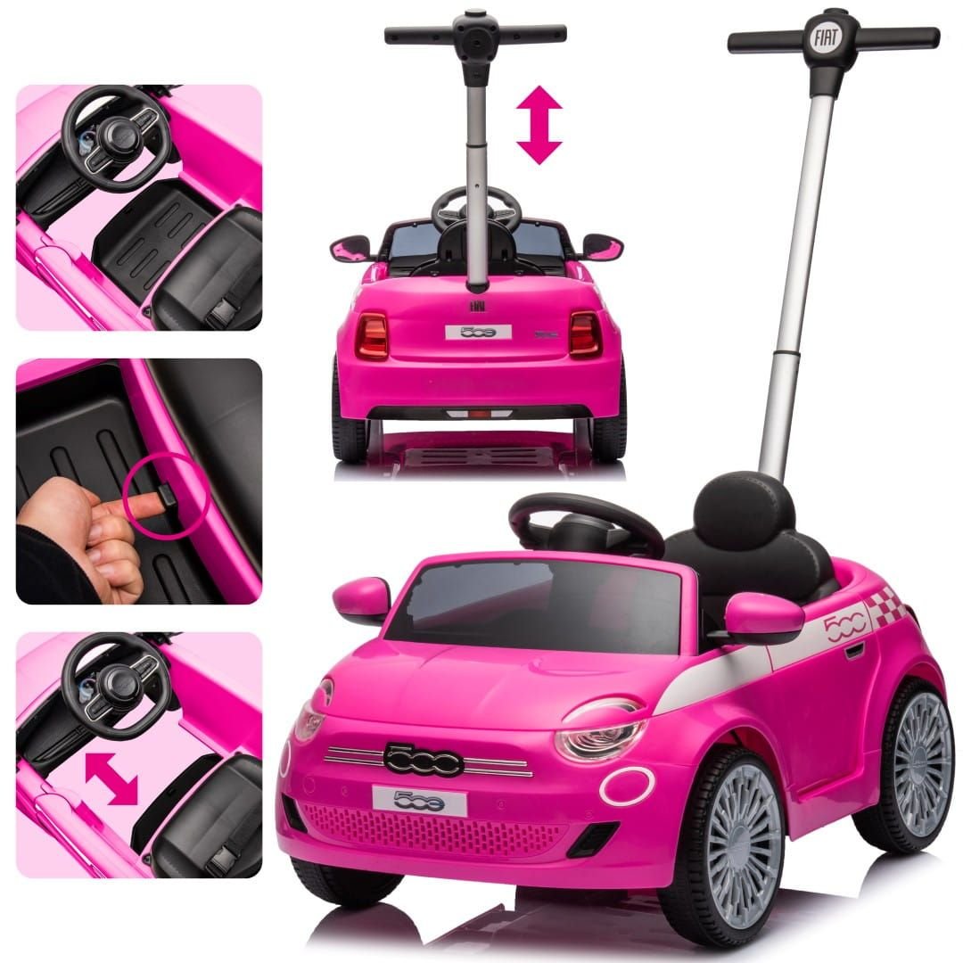 Sun Baby jeździk FIAT 500 z prowadnikiem, pasem i klaksonem, różowy, obciążenie 25 kg II gatunek