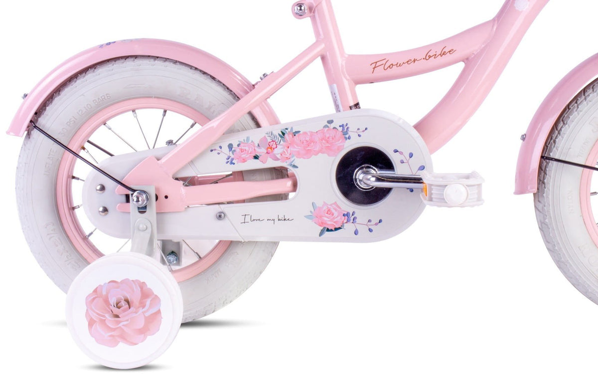 Rower dziecięcy Rower dla dziewczynki 12 cali Koszyk Prowadnik Kółka boczne Flower Bike różowy II gatunek