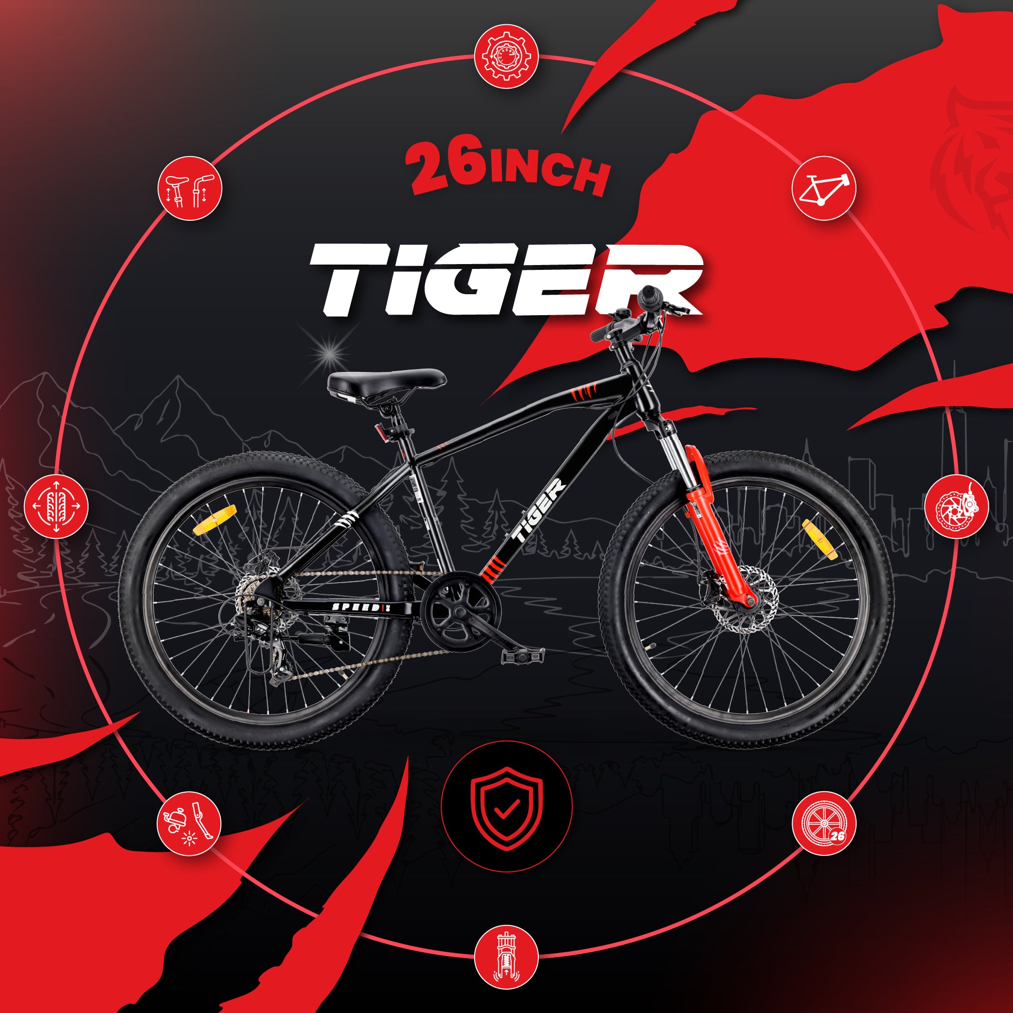 Rower górski MTB 26 cali Tiger Bike Shimano 7 biegów Amortyzator Szerokie opony Hamulce tarczowe Rower terenowy czarny-czerwony II gatunek