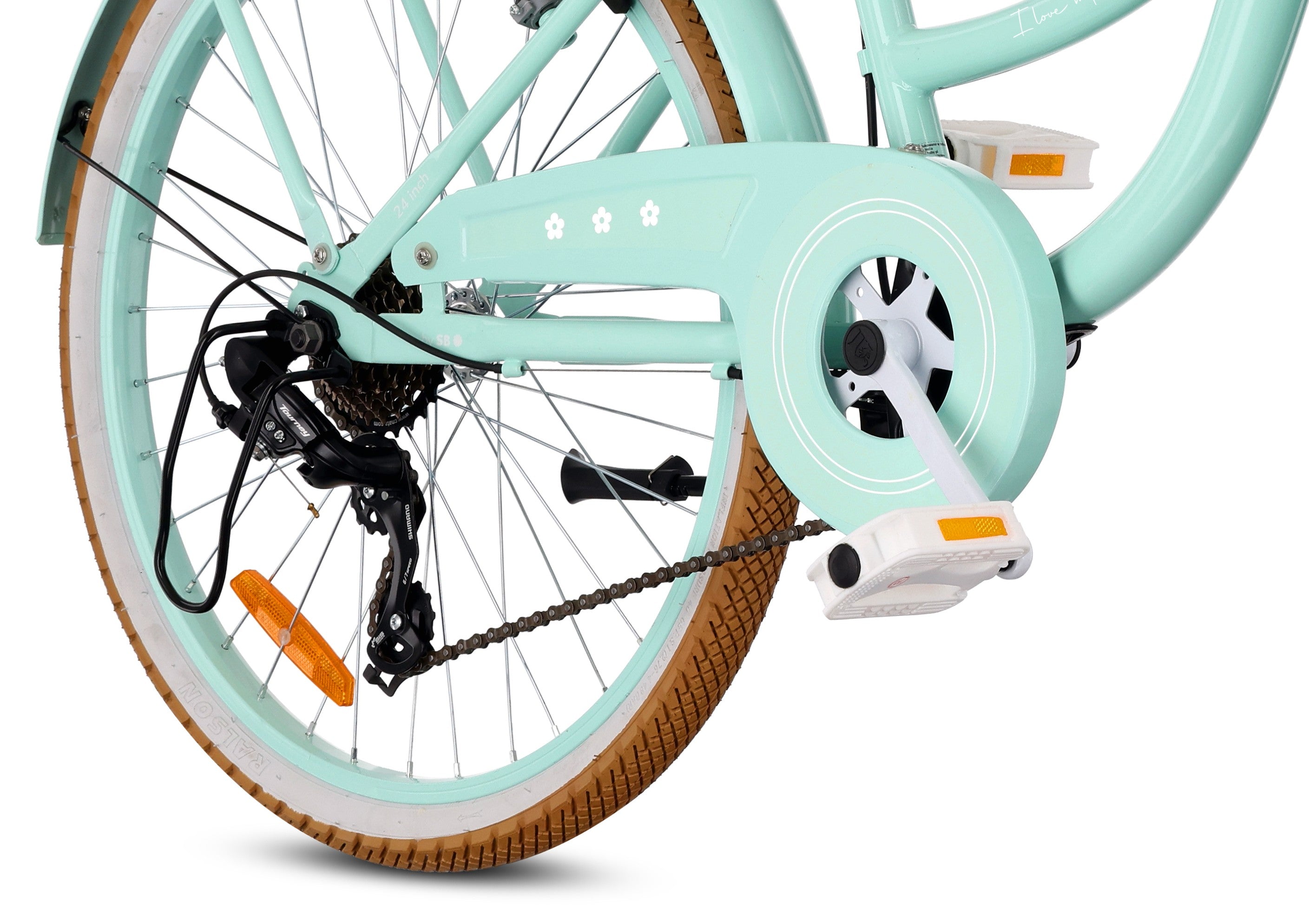 Rower 24 cale dla dziewczynki miejski na komunię Bagażnik Stopka Shimano 7 biegów Flower Retro bike miętowy