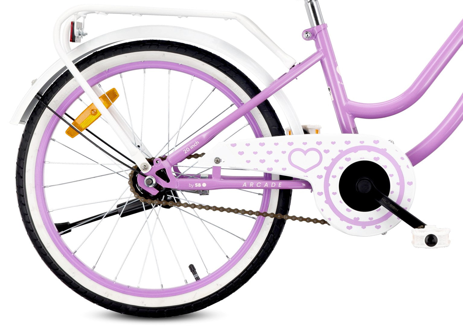 Rower 20 cali dziecięcy dla dziewczynki 5 6 7 8 lat Bagażnik Stopka Dzwonek Heart Bike fioletowy II gatunek