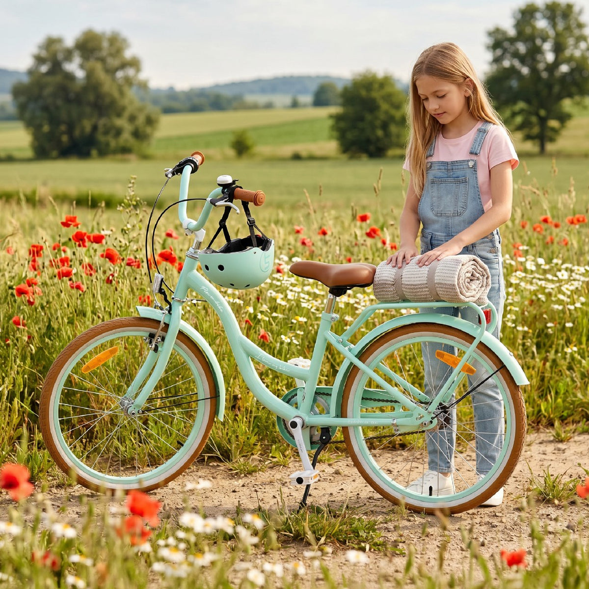 Rower dziecięcy 20 cali dla dziewczynki 6 7 8 lat Bagażnik Stopka Koszyk Flower Retro bike miętowy II gatunek
