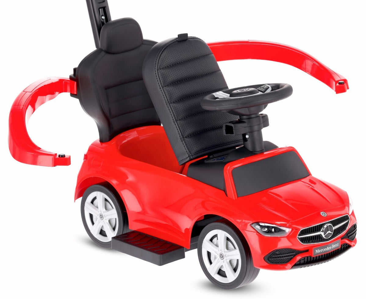 Sun Baby jeździk Mercedes C-Class z popychaczem, barierką i podnóżkami, koła PU, siedzisko ze skóry PU, czerwony