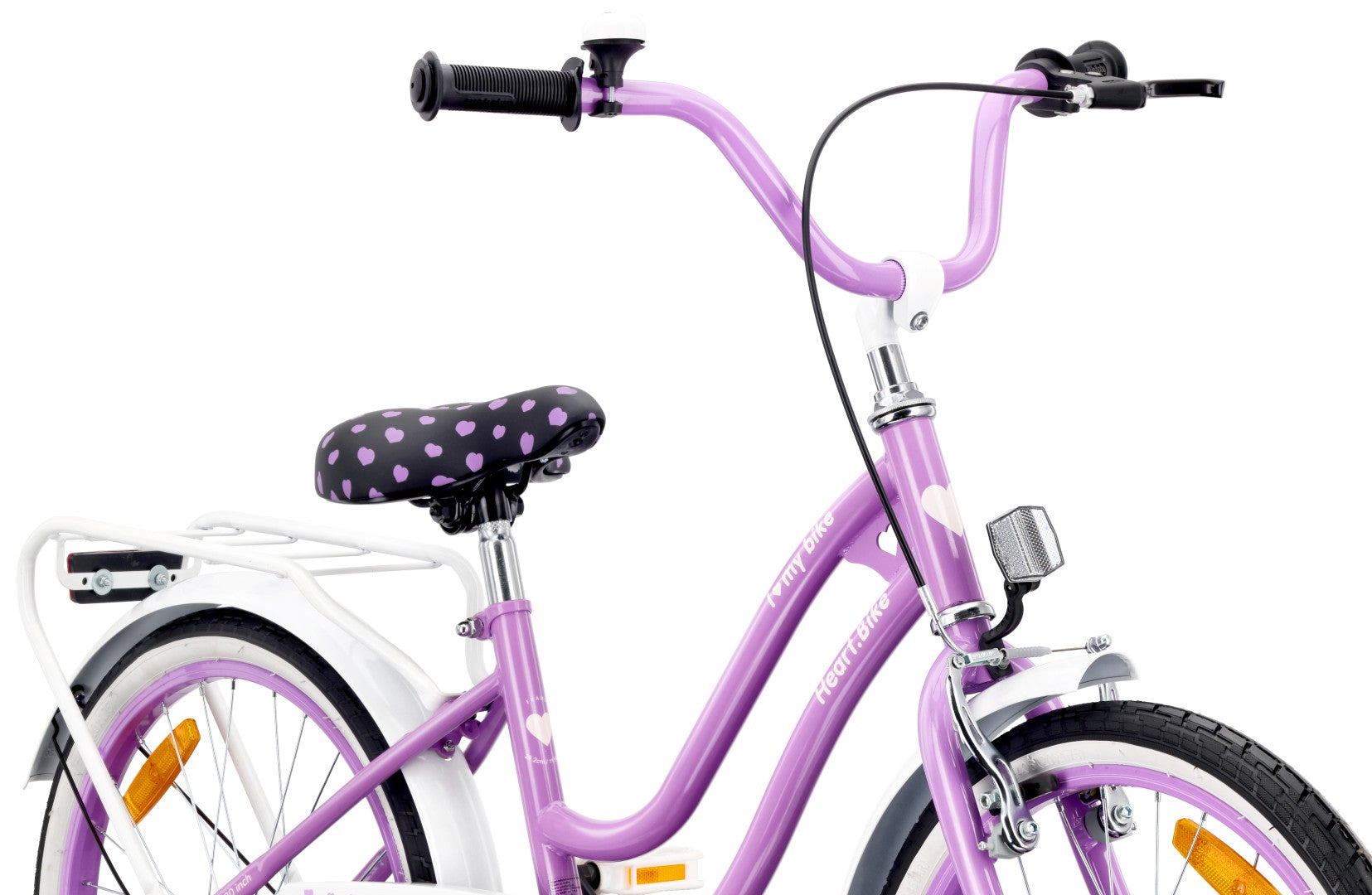 Rower 20 cali dziecięcy dla dziewczynki 5 6 7 8 lat Bagażnik Stopka Dzwonek Heart Bike fioletowy II gatunek