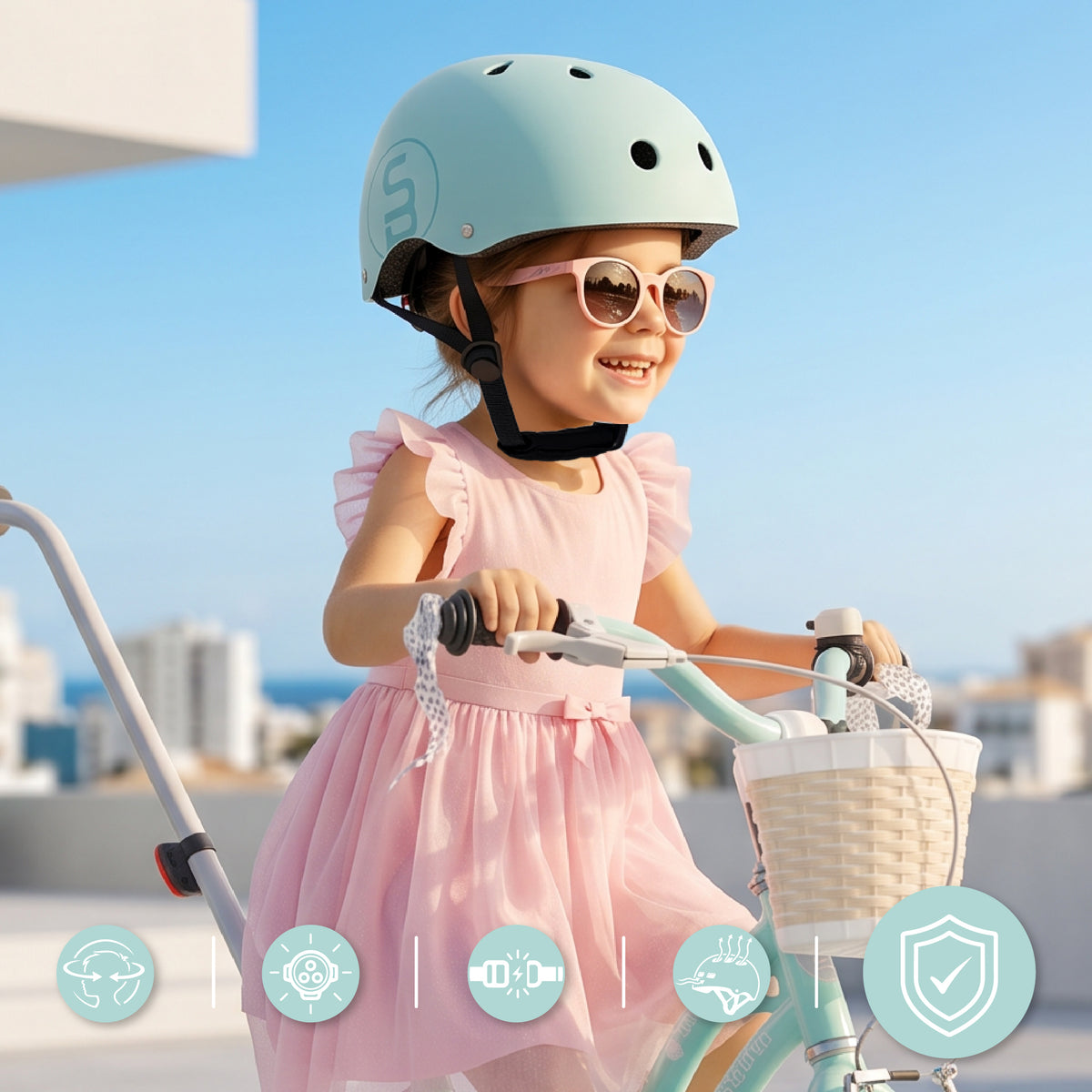 Sun Baby kask rowerowy dziecięcy Perfect Fit S 50-54 cm, LED 3 tryby, zapięcie magnetyczne, osłona podbródka, miętowy II gatunek