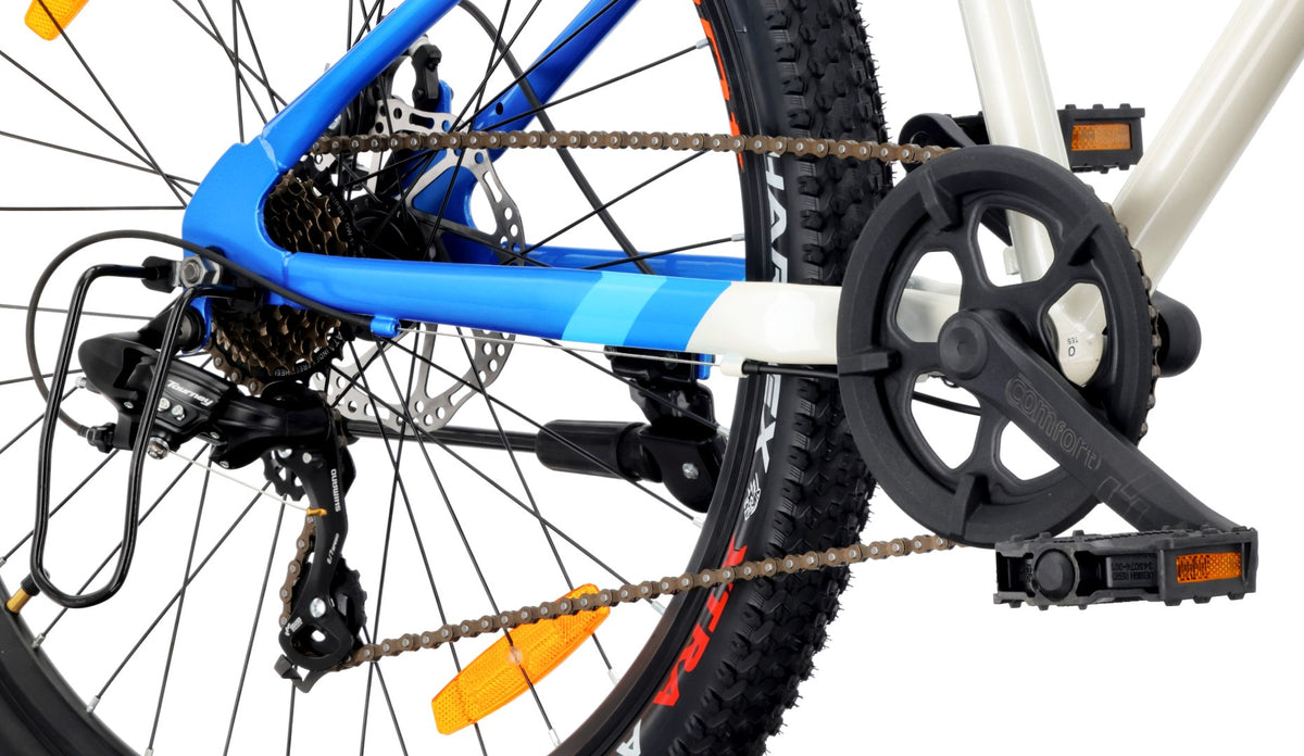 Rower górski 26 cali MTB Shimano 7 biegów Amortyzator tarczowe Stopka Verdant Calix biały niebieski pomarańczowy II gatunek