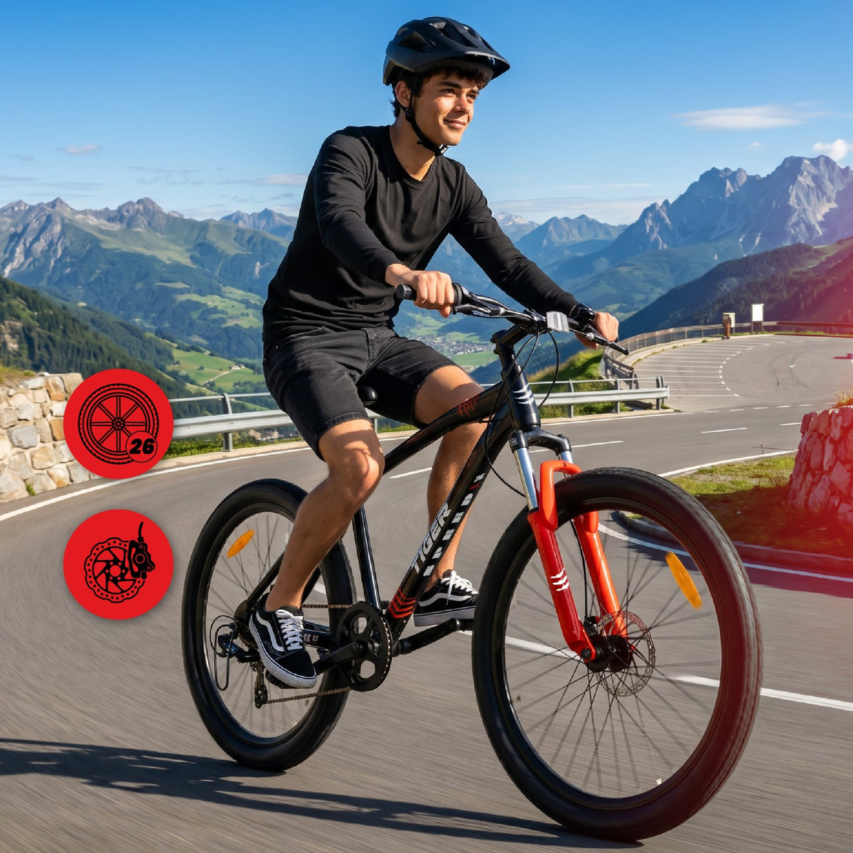 Rower dziecięcy Tiger Bike 26 cali, 21 biegów Shimano, amortyzator, hamulce tarczowe, czarno-czerwony II gatunek