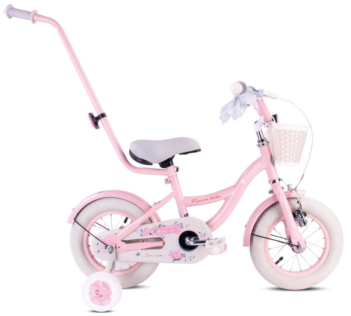 Rower dziecięcy Rower dla dziewczynki 12 cali Koszyk Prowadnik Kółka boczne Flower Bike różowy II gatunek