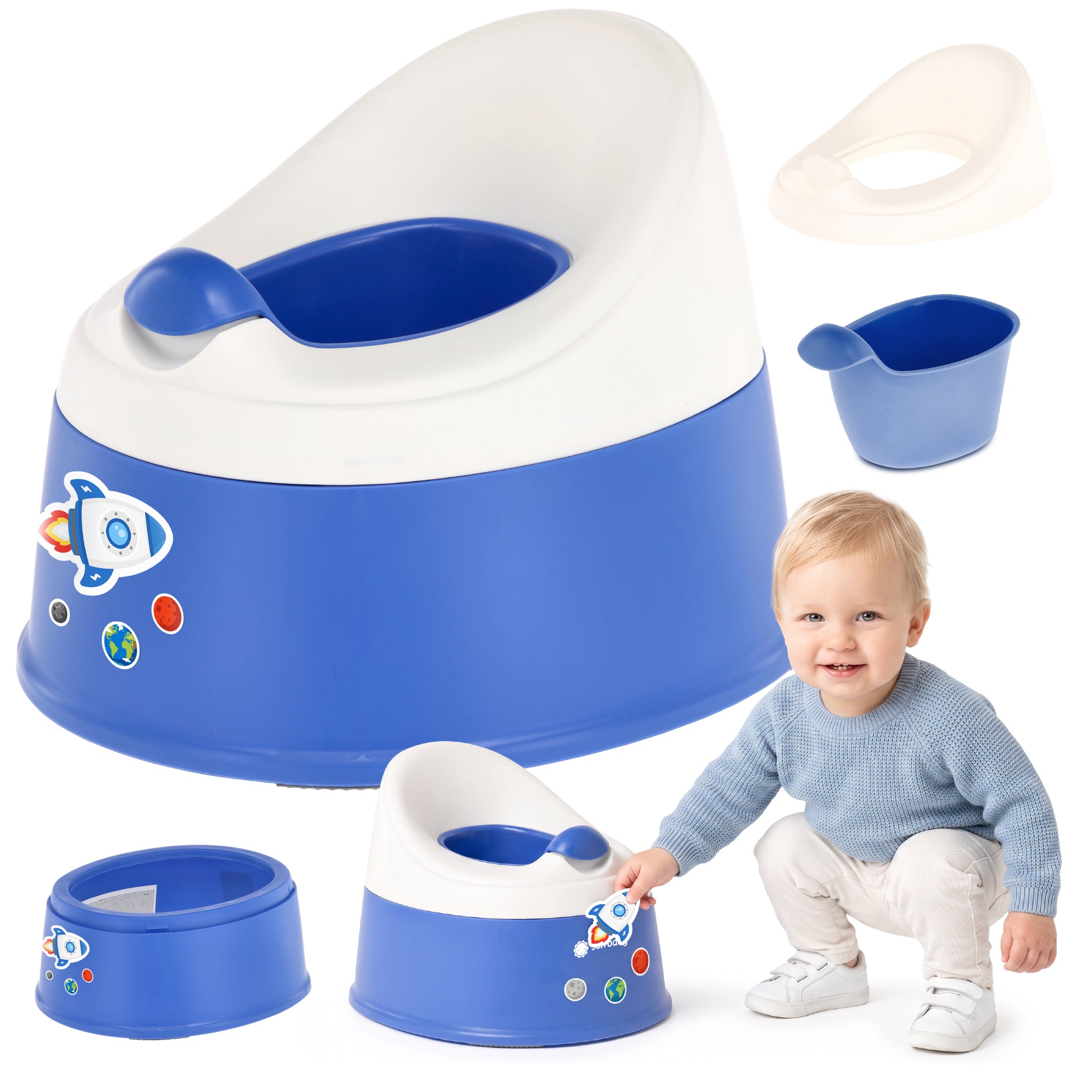 Sun Baby NESTPOT nocnik dla dzieci, antypoślizgowy, z wyjmowanym wkładem, lekki i wysoki, wygodne oparcie, 37 cm, do 15 kg, niebiesko-biały